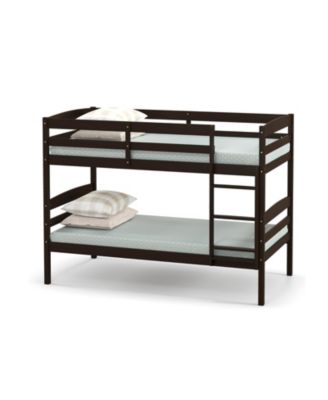 Solid Wood Twin Over Twin Bunk Bed Frame with High Guardrails and Integrated Ladder Espresso