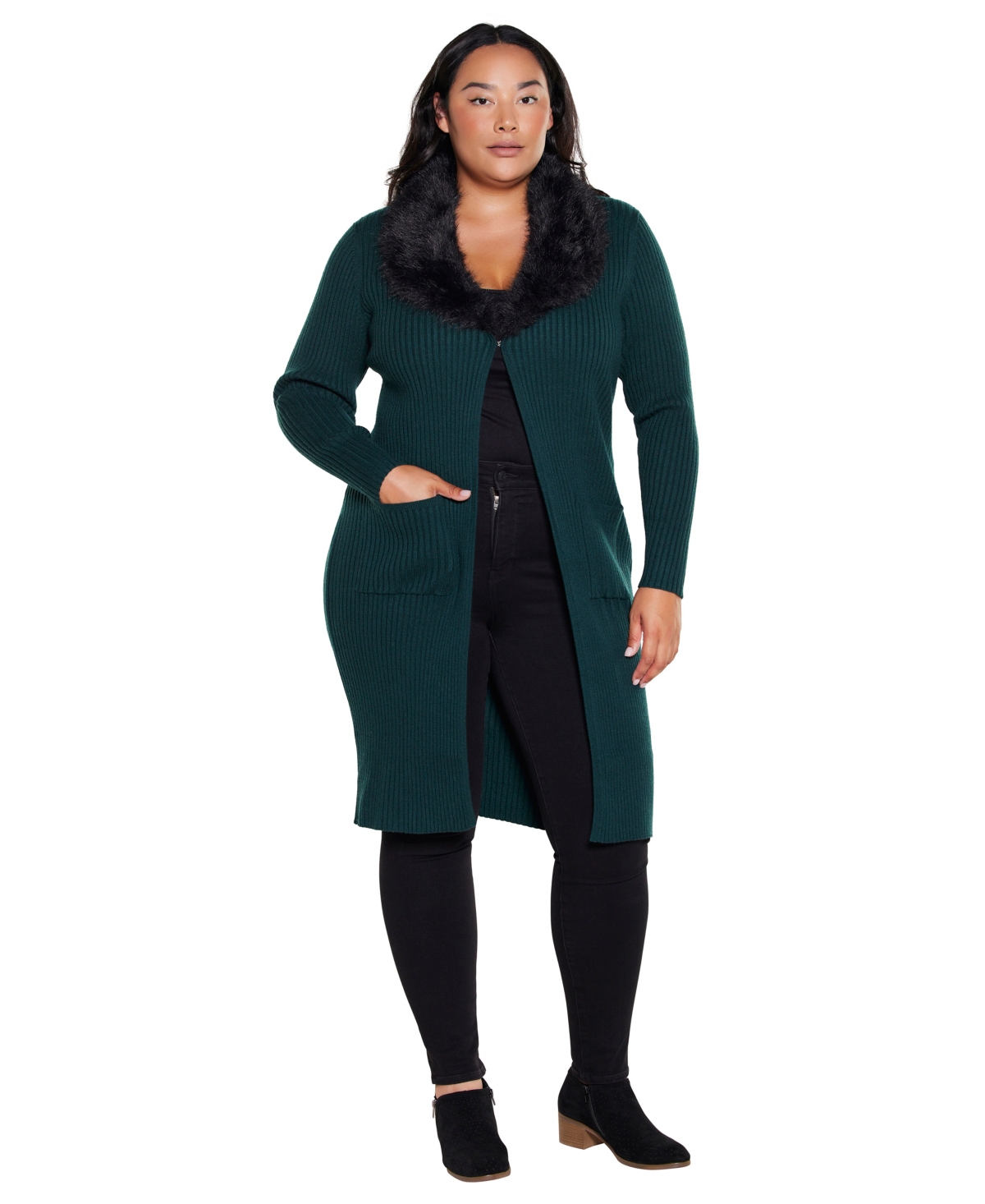 Belldini Black Label Plus Size Ribbed Collar Duster Cardigan Sweater - Deep Emerald / Black