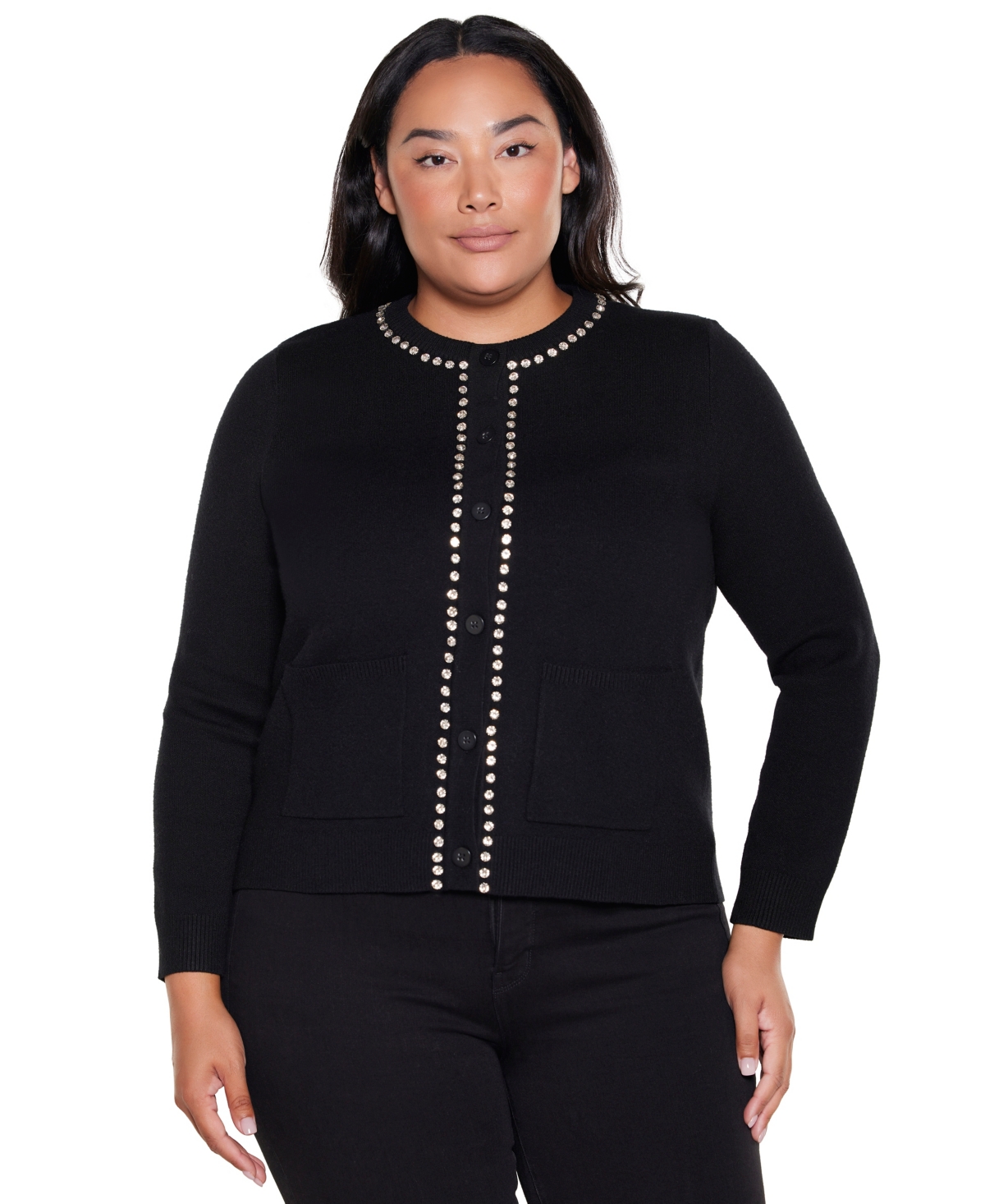 Belldini Plus Embellished Long-Sleeve Crewneck Cardigan Sweater