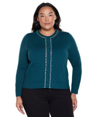 Plus Size Embellished Long-Sleeve Crewneck Cardigan Sweater
