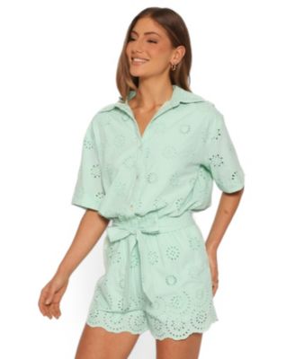 Women's Jamie Tie Front Short Sleeve Scalloped Hem Romper