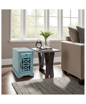Blue Chairside End Table with USB Charging Ports, Acacia, Glass Construction