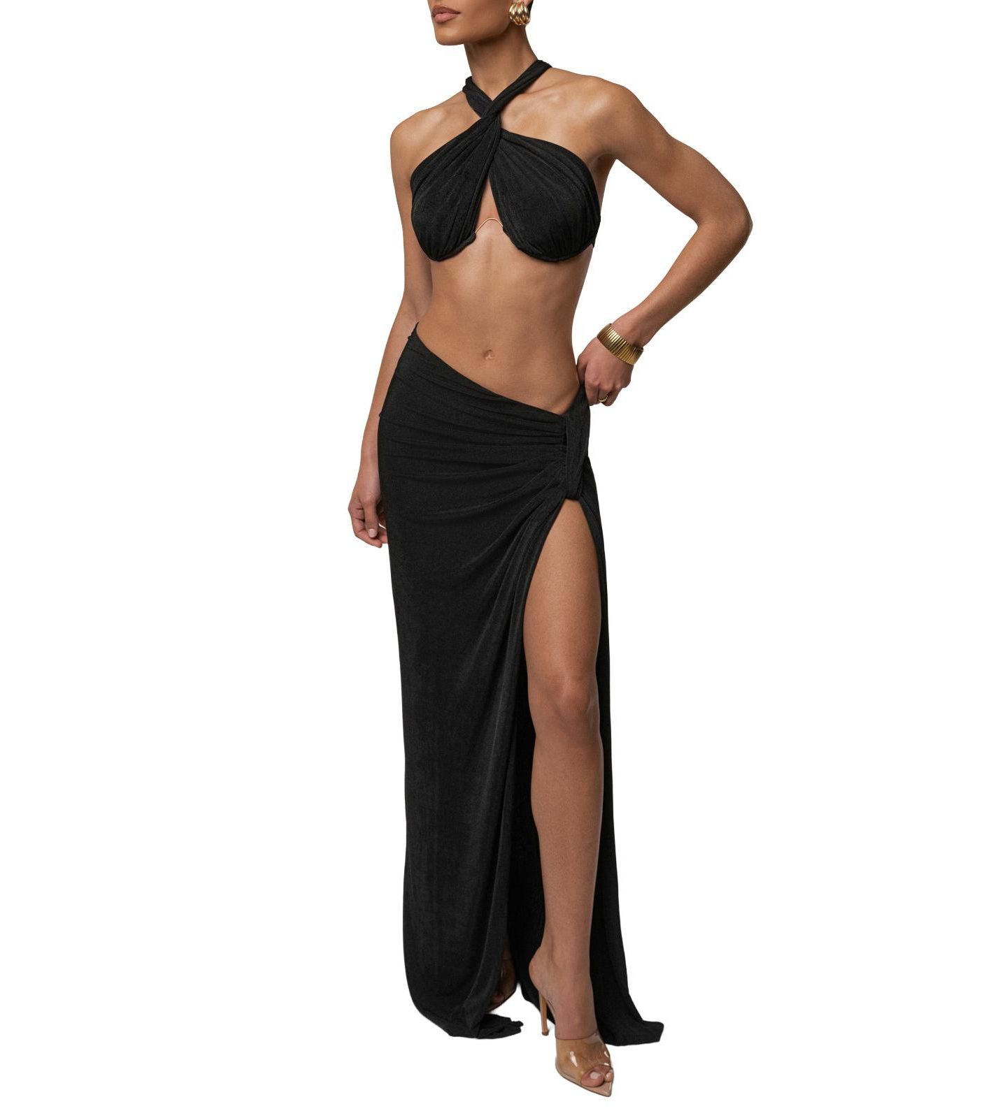Женский комплект JLUXLABEL City After Dark Open-Back Thigh-High Slit Halter Top and Maxi Skirt, 2-Piece Set, цвет: Чёрный — фото 9