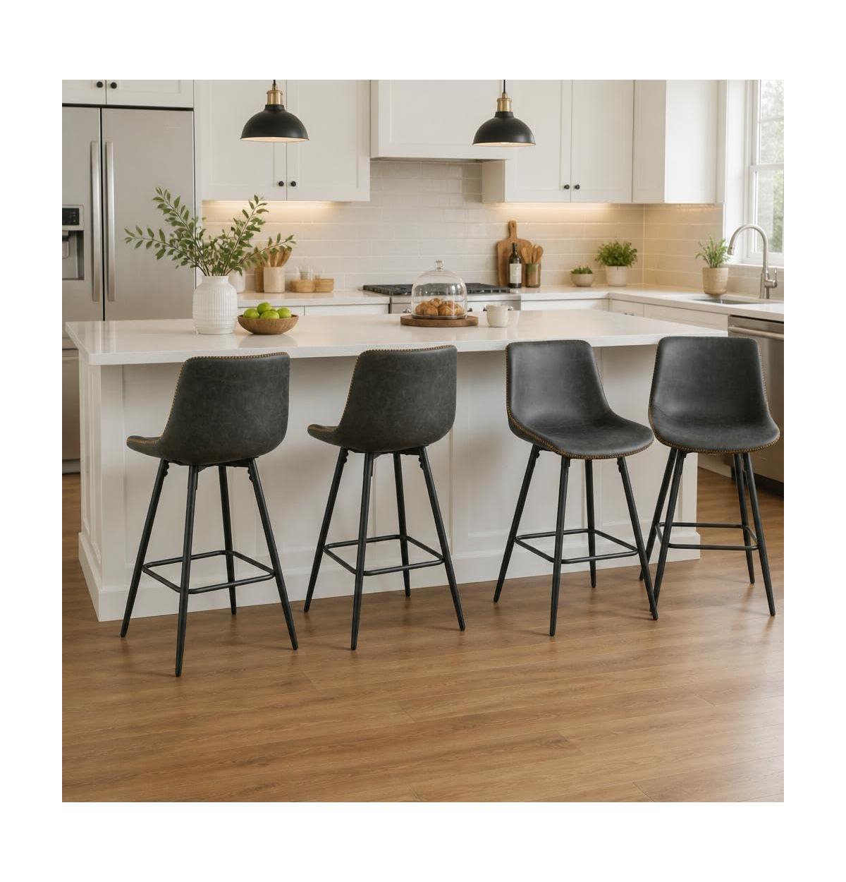 homfan Set of 4 24 Inch Counter Height Bar Stools with Backs, Faux Leather Upholstery and Metal Legs for 34 Inch - 38 Inch Kitchen Counters - Black