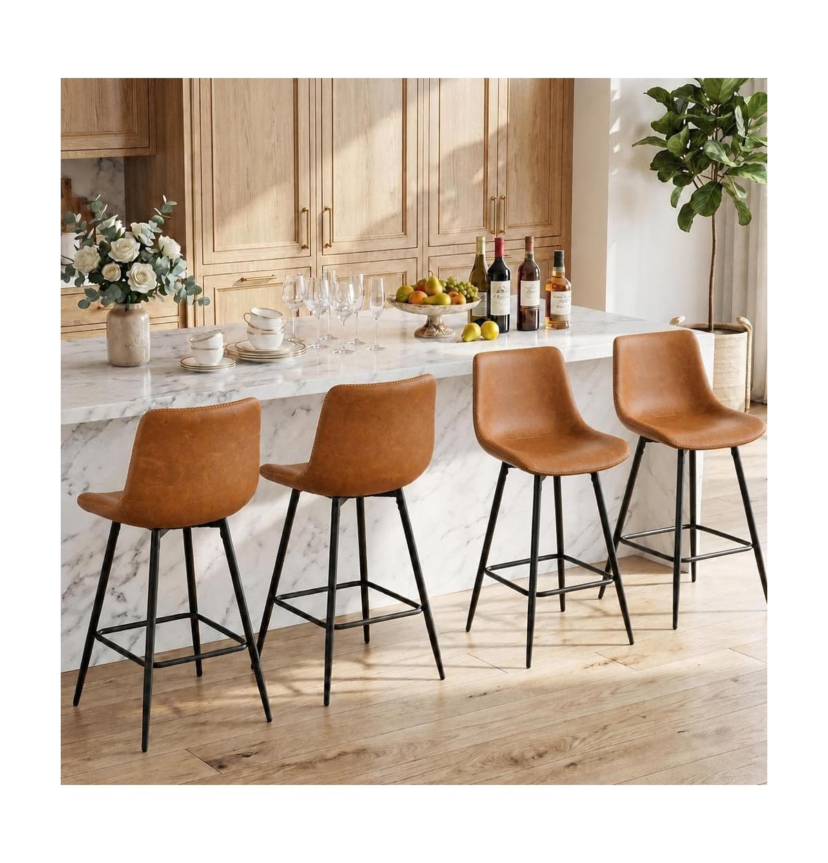homfan Set of 4 24 Inch Counter Height Bar Stools with Backs, Faux Leather Upholstery and Metal Legs for 34 Inch - 38 Inch Kitchen Counters - Brown