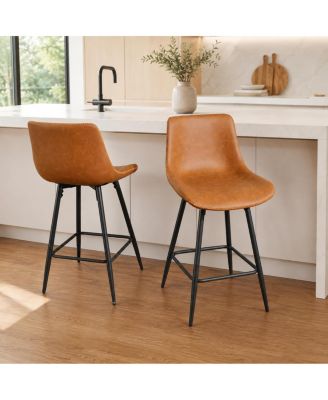 Bar Stools Set of 2 with Backs, Counter Height Faux Leather Barstools, Metal Legs, Sawtooth Stitching, 350 lb
