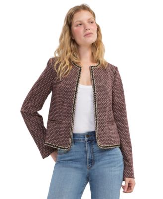 Women's Collarless Gold-Tone Trim Jacquard Jacket