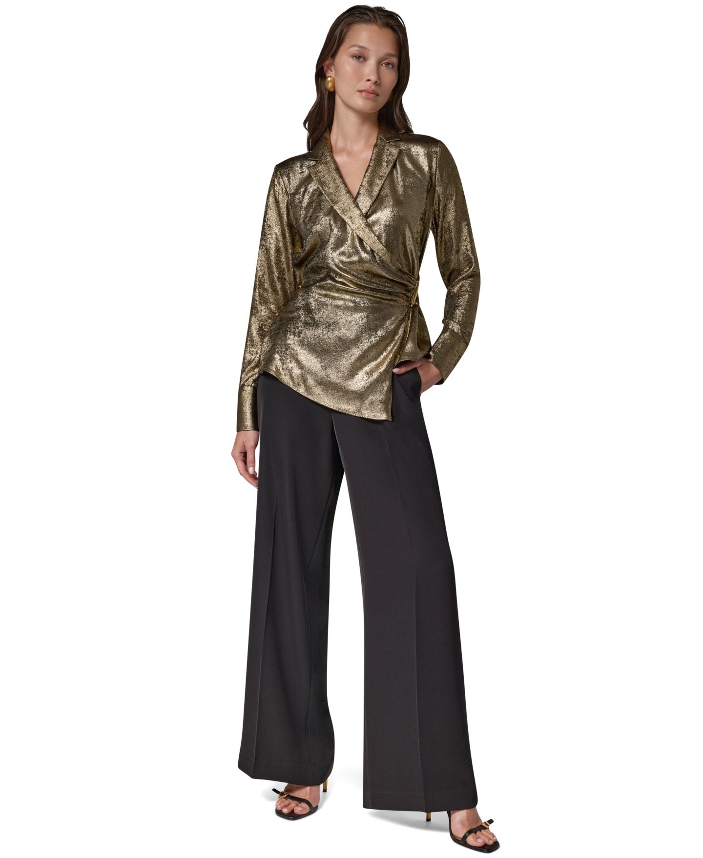 Женская блузка Donna Karan New York Long-Sleeve Asymmetrical-Hem Metallic Blouse, цвет: Золотой — фото 2