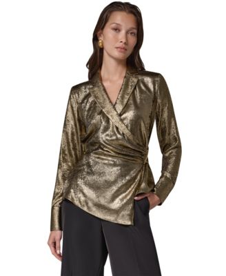 Women's Long-Sleeve Asymmetrical-Hem Metallic Blouse