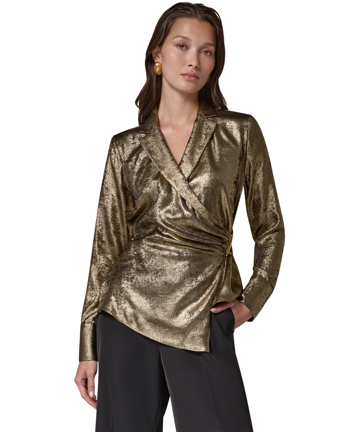 Donna Karan New York Women's Long-Sleeve Asymmetrical-Hem Metallic Blouse