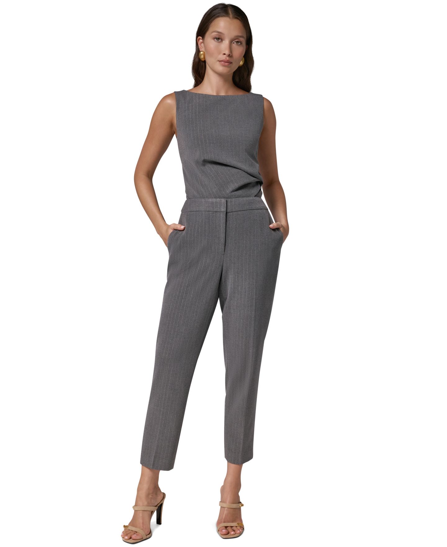 Женские узкие укороченные брюки Donna Karan New York в тонкую полоску, цвет: Светлый меланжевый серый — фото 2