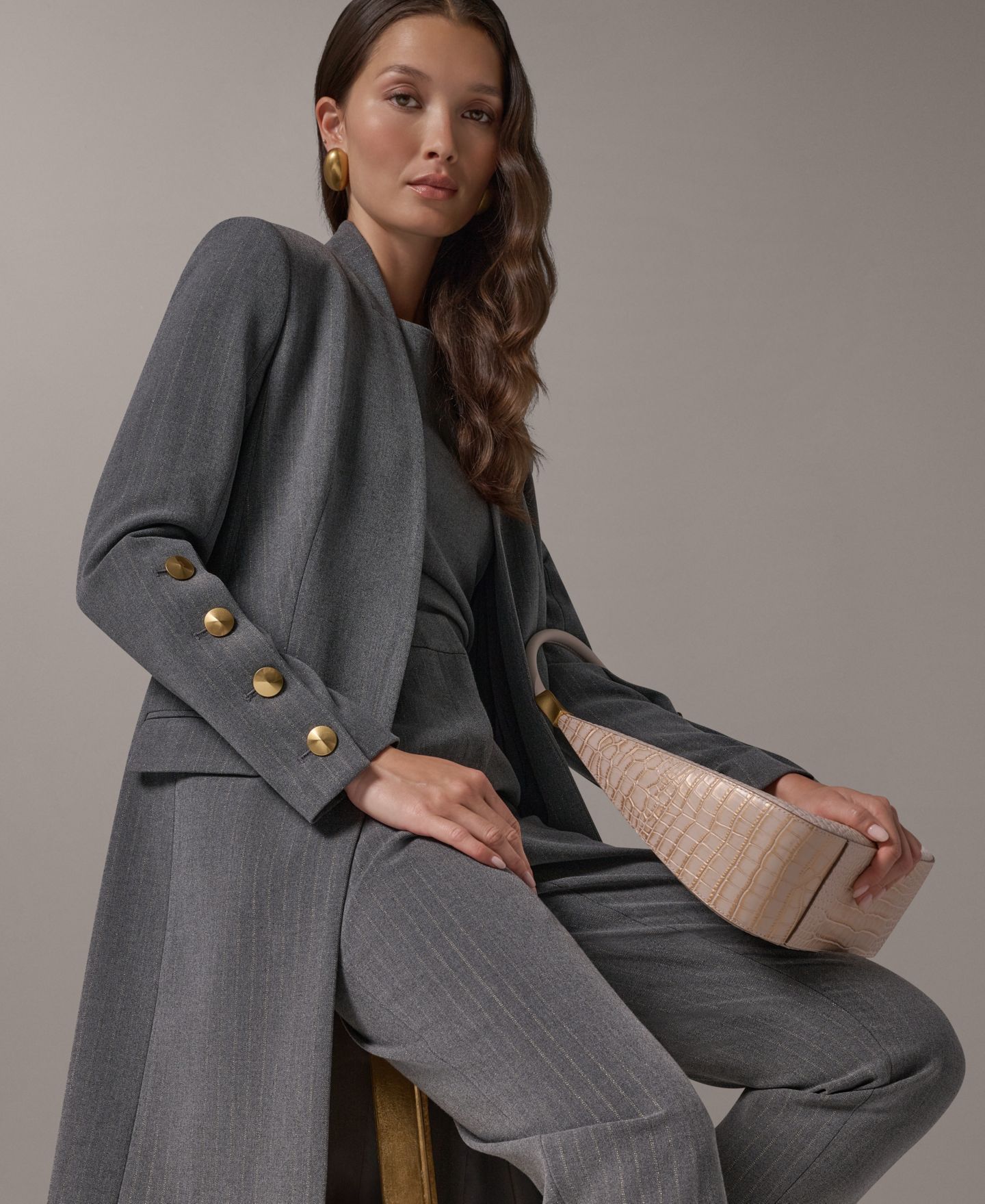 Женская удлинённая куртка Donna Karan New York в тонкую полоску на подкладке, цвет: Светлый меланжевый серый — фото 15
