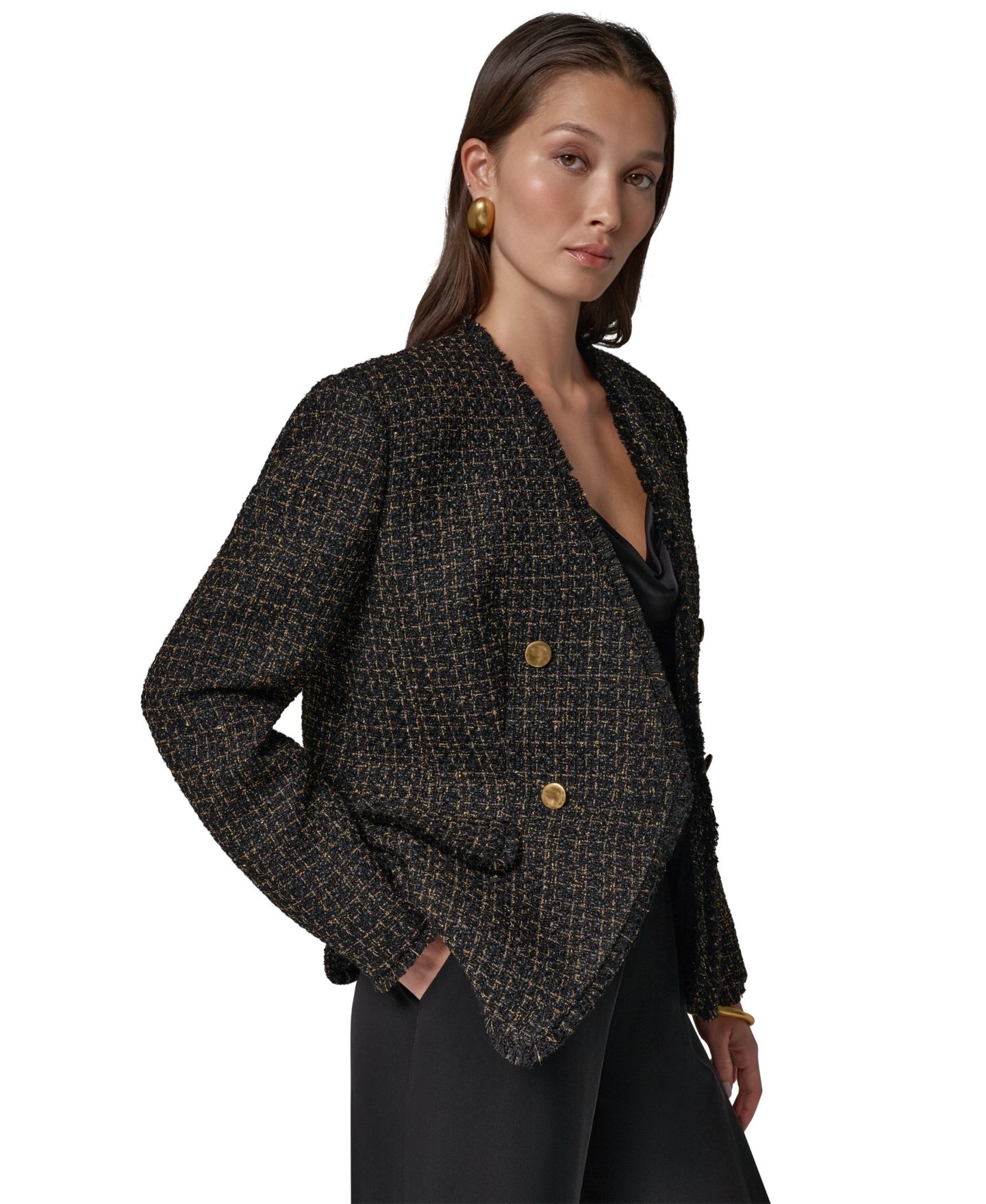 Женский пиджак Donna Karan New York Double Breasted Tweed, цвет: Чёрный / Золотой — фото 7