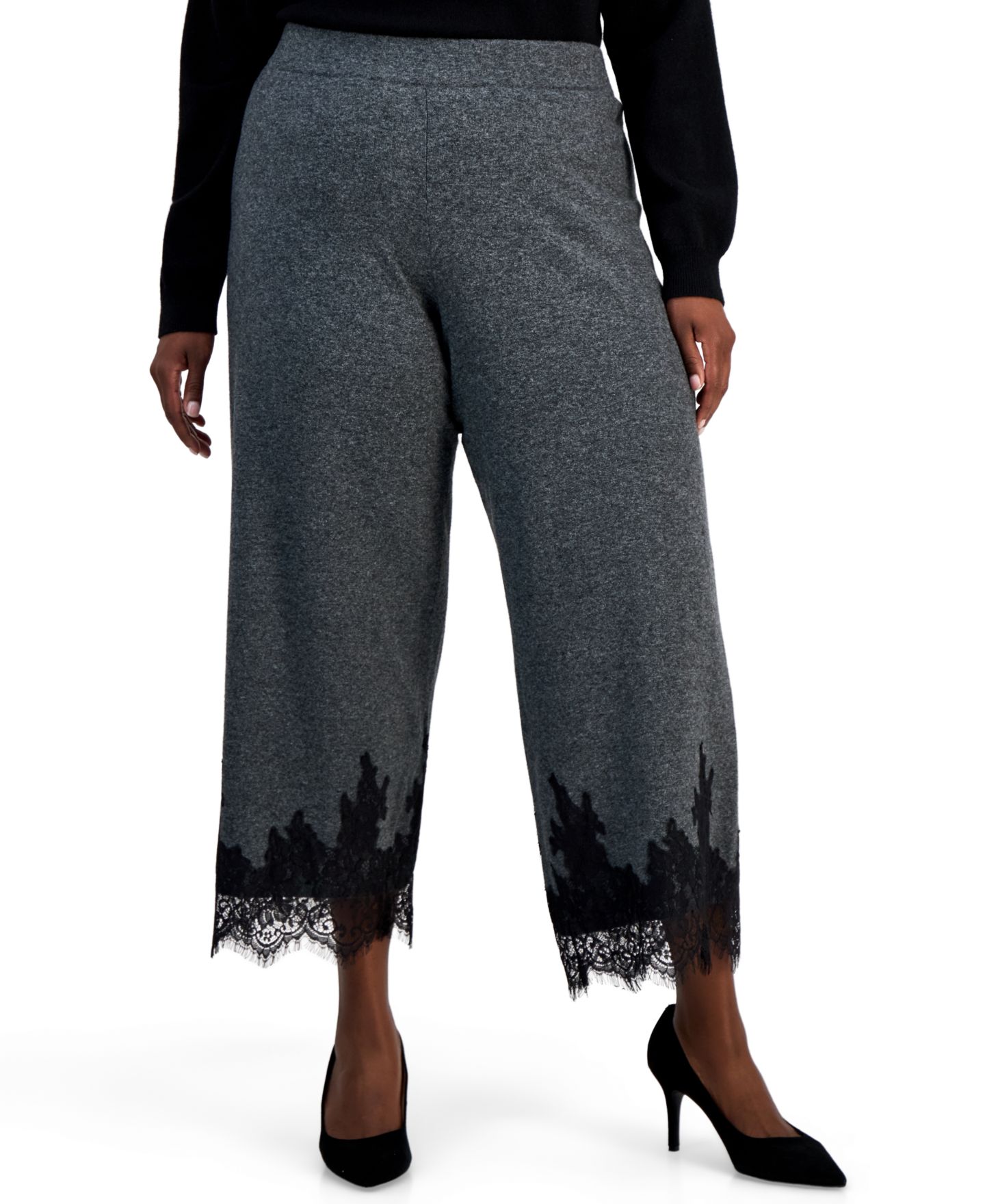 Женские брюки Anne Klein Plus Size Pull-On Wide Leg Lace-Trim, цвет: Угольный серый / Чёрный — фото 4