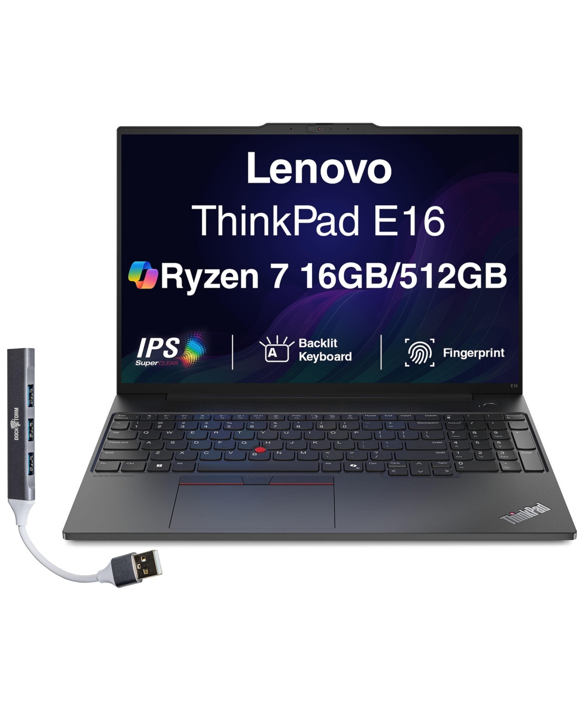 Lenovo ThinkPad E16 Business Laptop, 16" Fhd Anti-Glare, Ryzen 7 250, 16GB DDR5, 512GB Ssd, Fp, Backlit Kb, Win11P) Usb Hub - Black