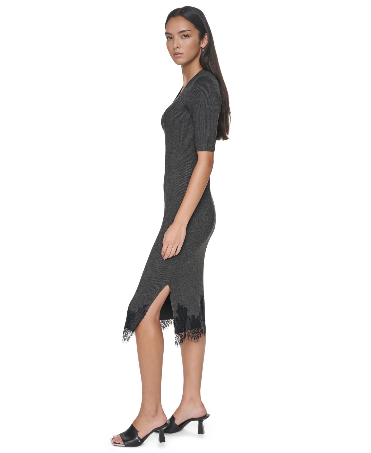 Женское платье DKNY Lace-Trim V-Neck Short-Sleeve Midi, цвет: Асфальтовый — фото 4
