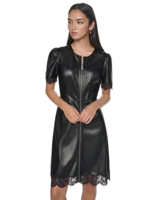 Women's Faux Leather Lace-Trim Puff-Sleeve Midi Dress