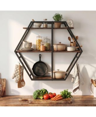 Hexagon Shelf for Wall 3-Tier Geometric Bookcase with 4 S-Shaped Hooks Metal Frame