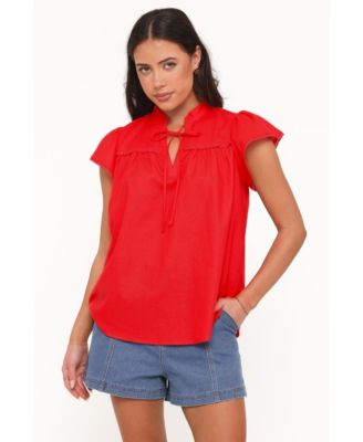 Women's Kylie Cotton-Linen Blend V-Neck Flutter-Sleeve Top