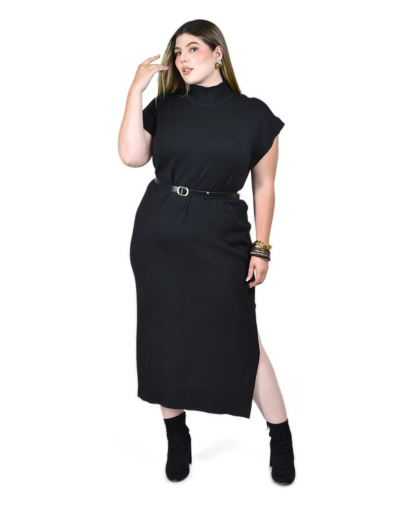 Женское платье Roman Fashion Knitted Dress With Belt, цвет: Чёрный — фото 1