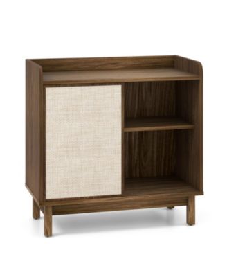 Rattan Buffet Sideboard Mid Century Floor Storage Cabinet with Sliding Door and Adjustable Shelves