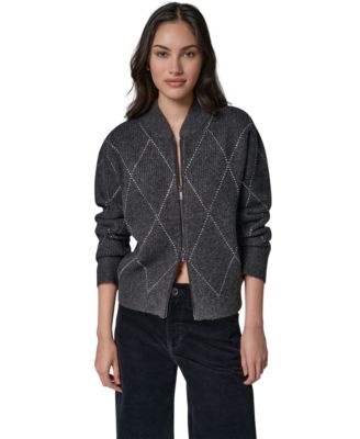 Women's Crystal Full-Zip Embellished Collared Sweater