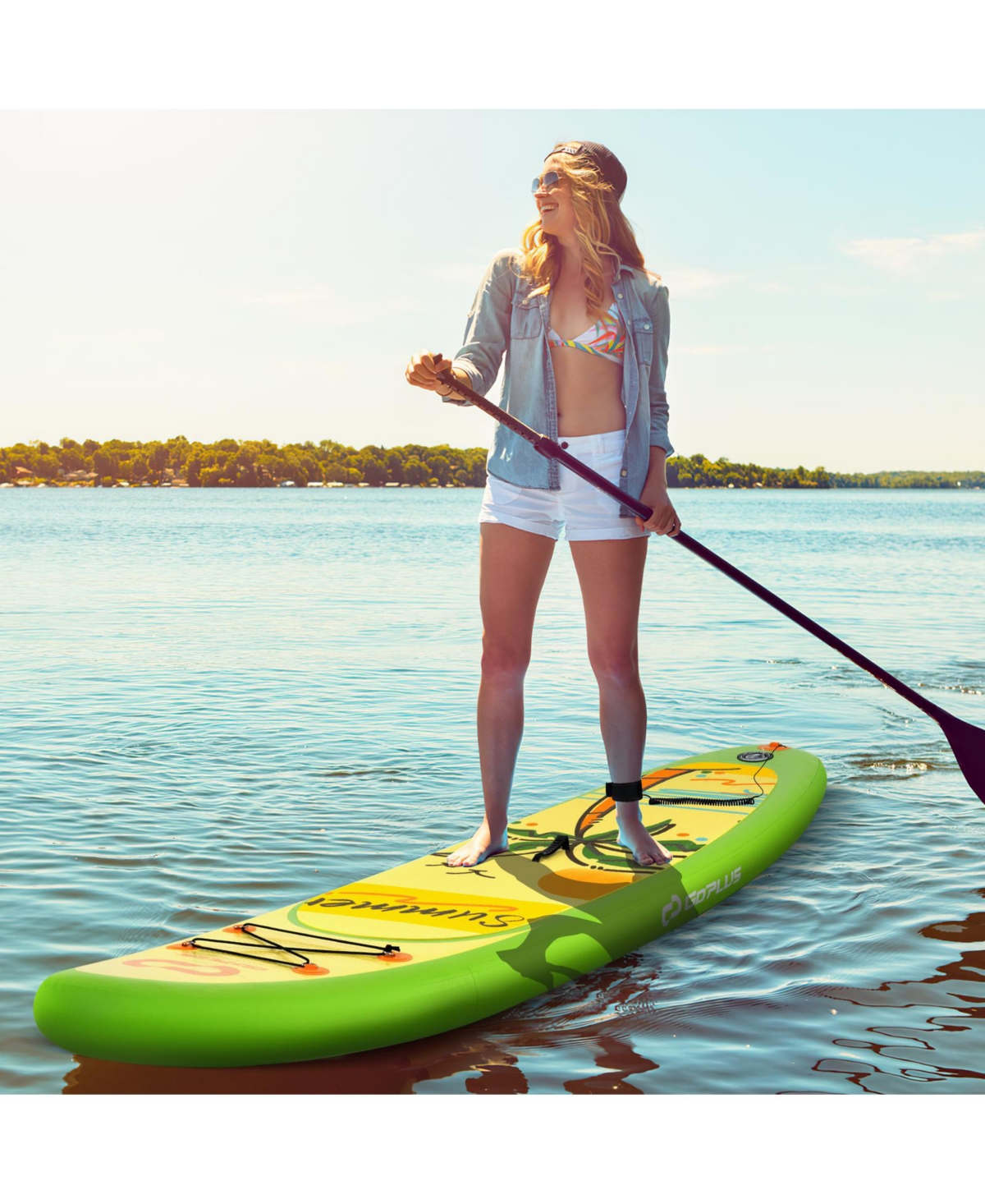 Zeny Inflatable Stand Up Paddleboard, Non-Slip Deck, Adjustable Paddle and Backpack - Green and Yellow