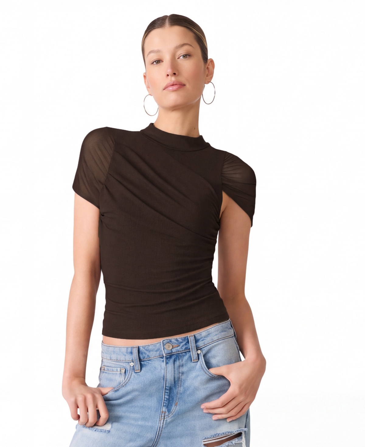 Steve Madden Women's Kerry Mock-Neck Ruched Cape-Sleeve Top