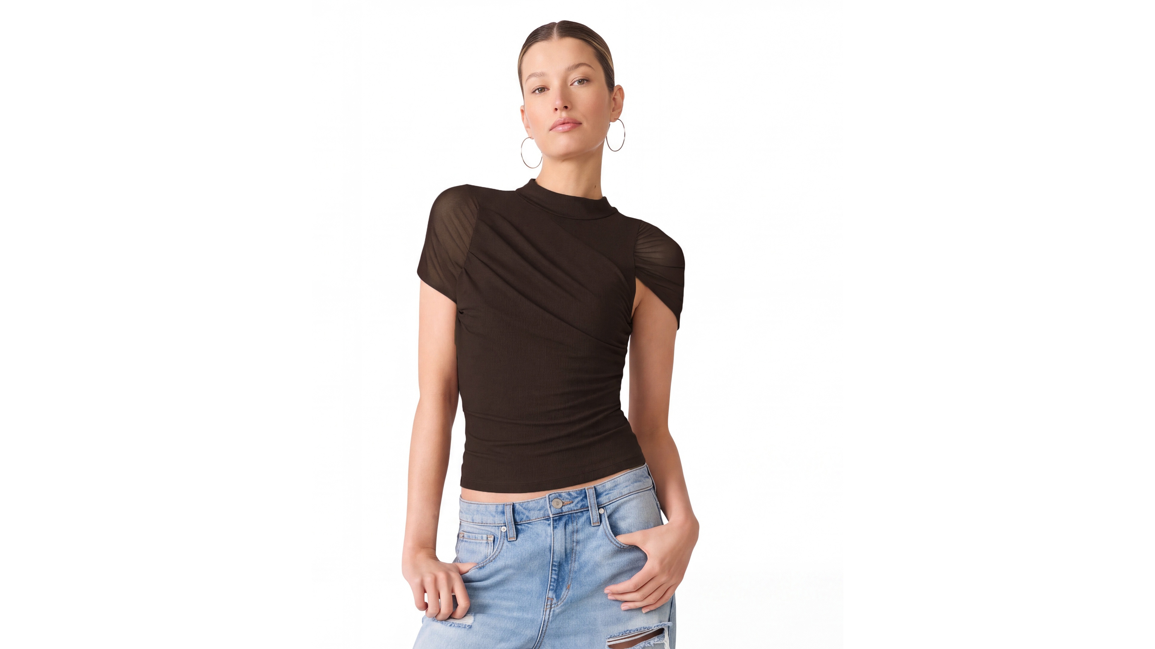 Steve Madden Women's Kerry Mock-Neck Ruched Cape-Sleeve Top