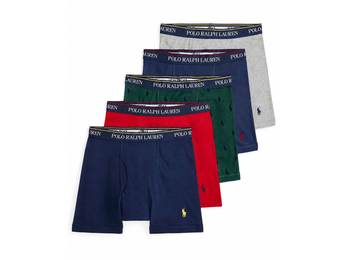 Мужские хлопковые боксеры-брифы Polo Ralph Lauren классического кроя, набор из 5 шт, цвет: Меланжевый / Тёмно-синий — фото 1