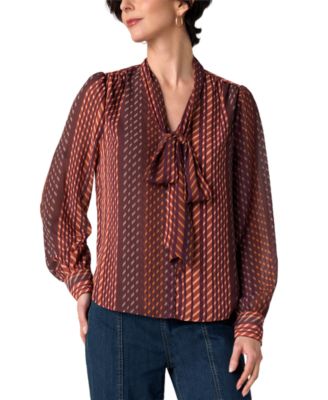 Women's Long-Sleeve V-Neck Neck-Tie Blouse