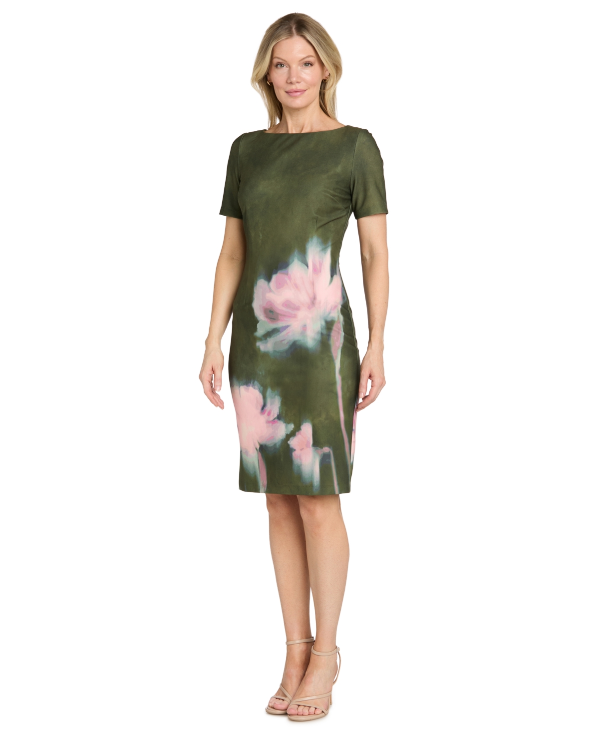 R & M Richards Women's Scuba Sheath Floral-Print Short-Sleeve Dress