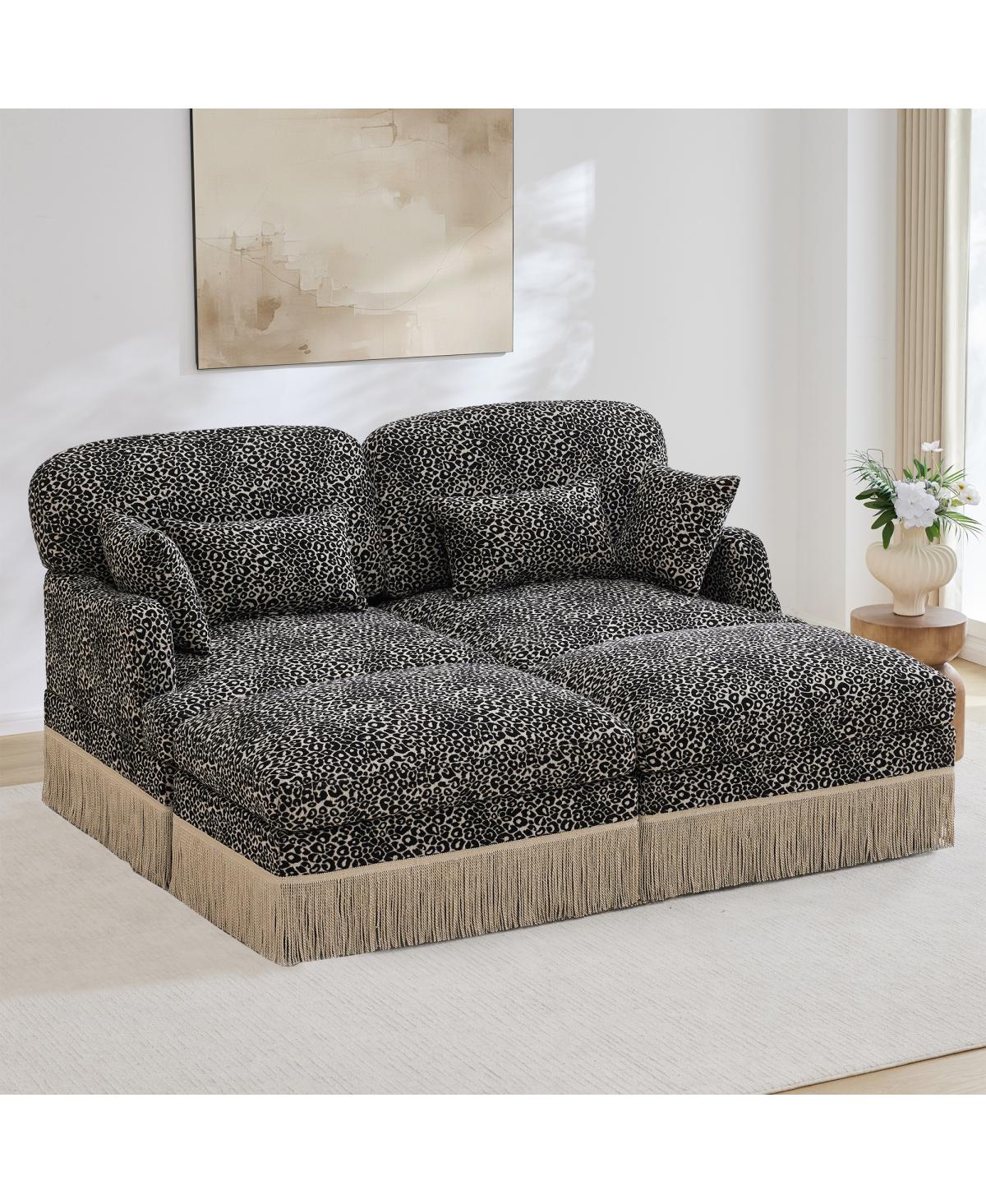 Streamdale Furniture Comfy Chenille Leopard Loveseat Sofa with Ottomans