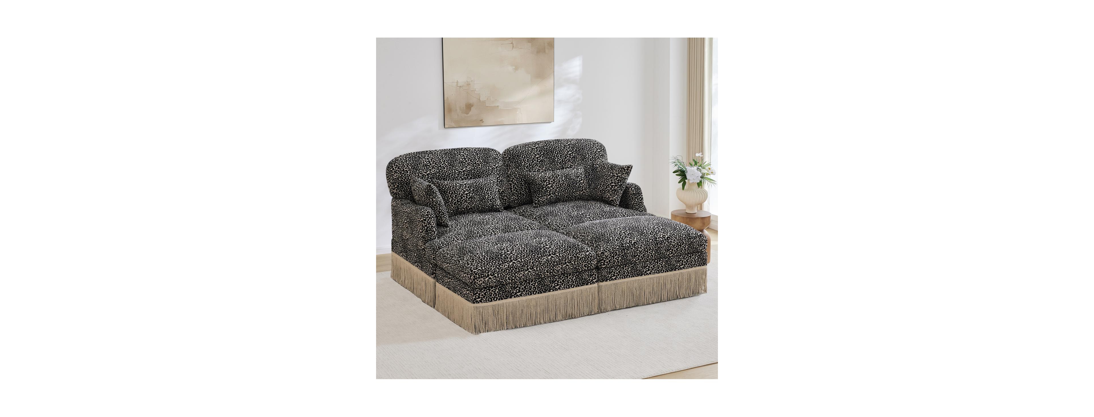 Streamdale Furniture Comfy Chenille Leopard Loveseat Sofa with Ottomans
