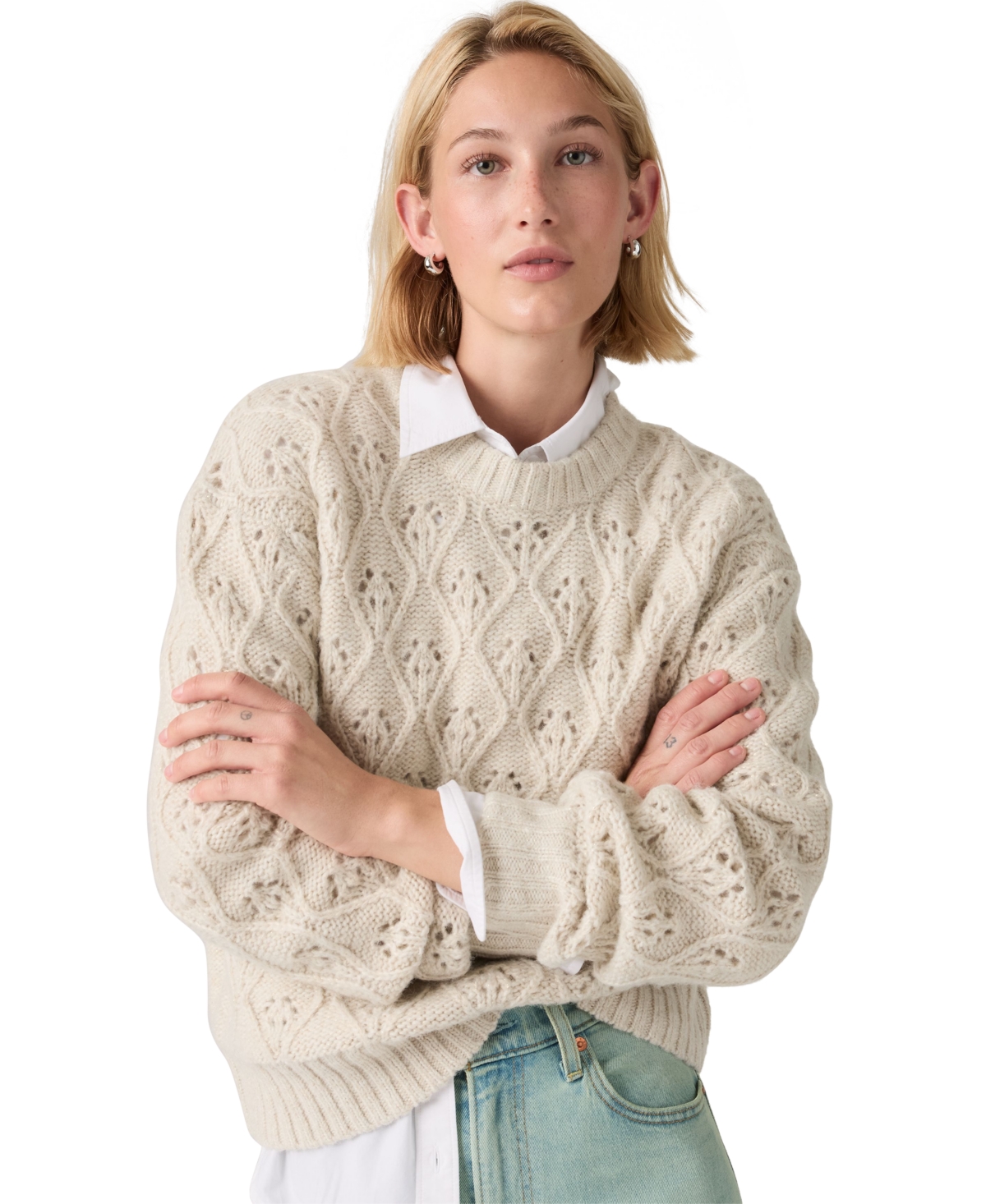 Levi's Women's Zoe Pointelle Long-Sleeve Crewneck Sweater - Egret