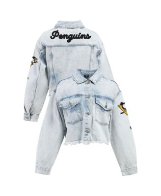 Women's Denim Pittsburgh Penguins Chenille Raw Edge Cropped Full-Button Jean Jacket