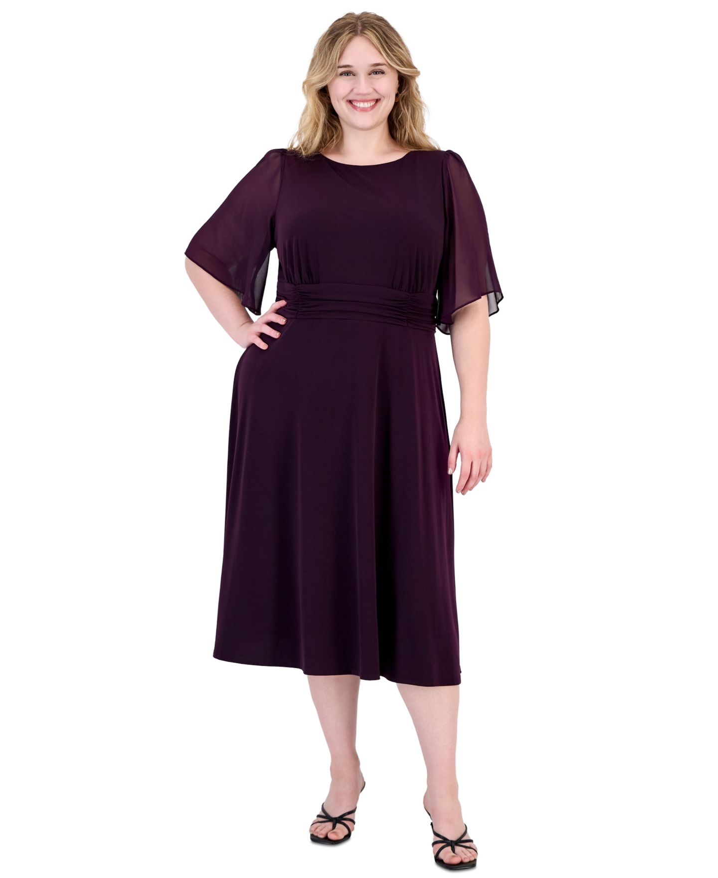 Женское платье Connected Plus Flutter-Sleeve Midi, цвет: Баклажановый — фото 1