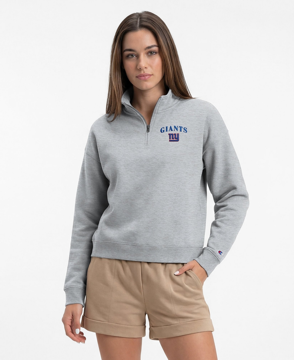 Champion Women's New York Giants Fleece Mock Neck Quarter-Zip Sweatshirt - Heather Gray