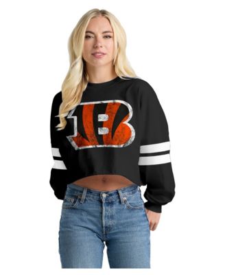 Women's  Black Cincinnati Bengals Oversized Cropped Stripe Long Sleeve T-Shirt