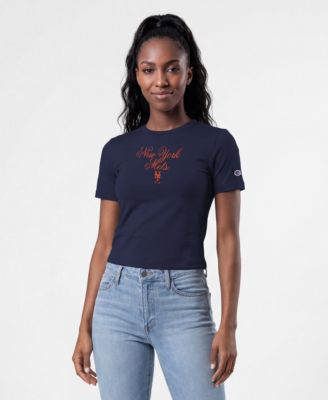 Women's Navy New York Mets Soft-Touch Fitted Cropped T-Shirt