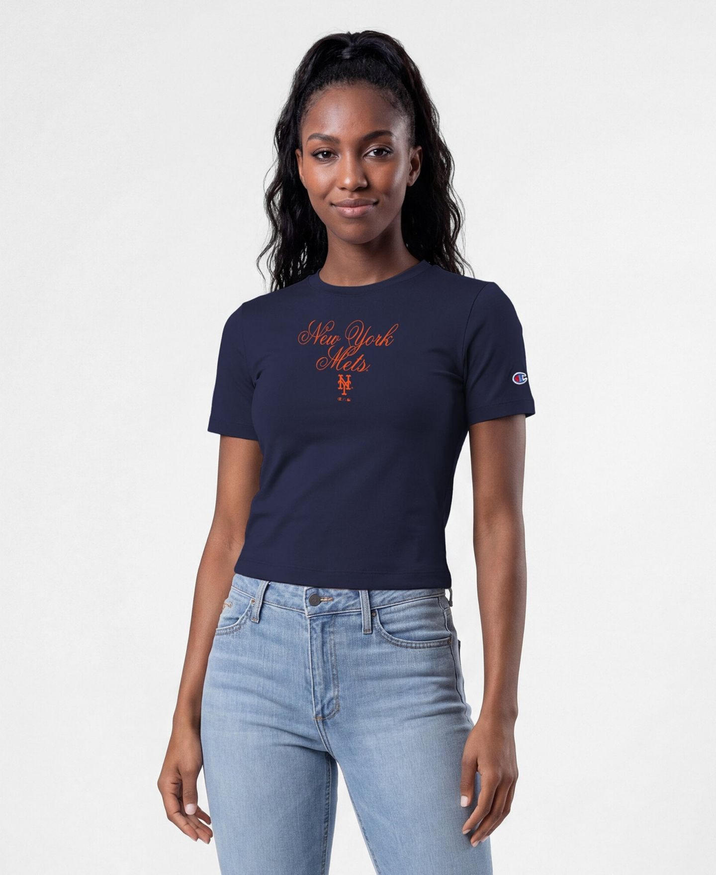 Женская футболка Champion Navy New York Mets Soft-Touch Fitted Cropped — фото 1
