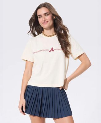 Women's Cream Atlanta Braves Single Line Baseball Stitch T-Shirt