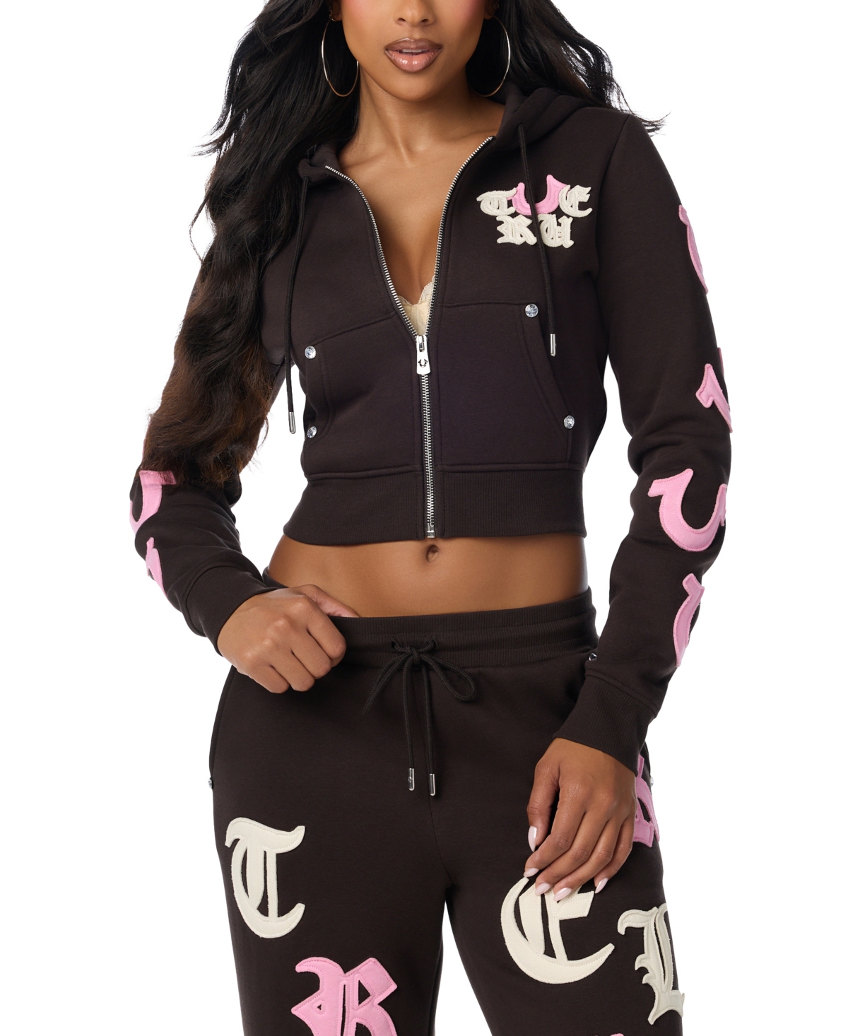 True Religion Women's Graphic Cropped Full Zip Hoodie