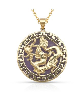14k Yellow Gold 18-inch Green, Lavender, Onyx Dyed Jade Dragon Greek Key Circle Necklace 26mm x 32mm