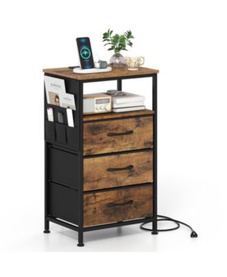Nightstand with Charging Station 27.5 Inch Modern Bedside Table with 3 Fabric Drawers