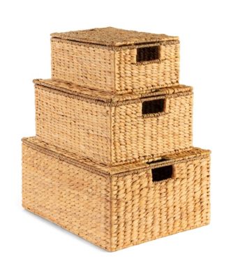 Set of 3 X-Large, Large, and Medium Woven Storage Baskets Lids, Hyacinth Organizer Bins