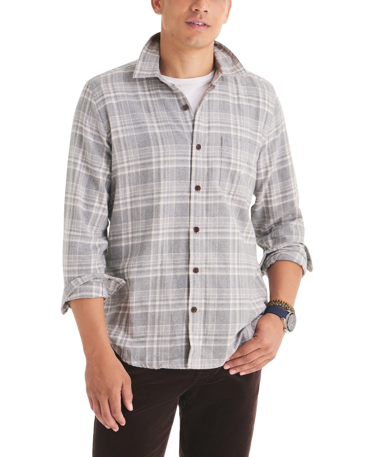 Nautica Men's Flannel Plaid Stretch Shirt - Mistgrey