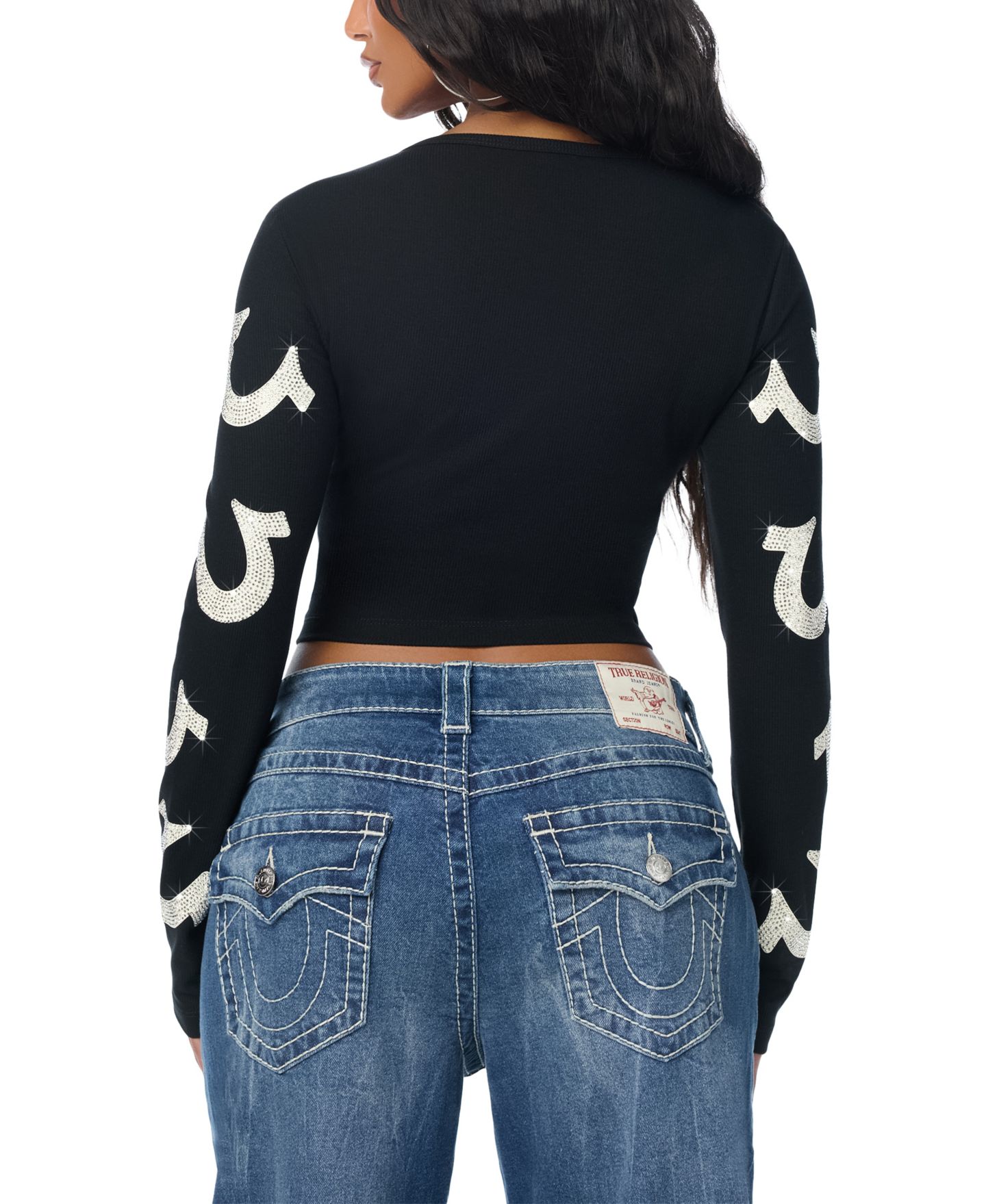 Женский топ True Religion Crystal Tattoo Long-Sleeve Graphic Crop, цвет: Угольно-чёрный — фото 3