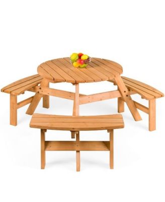Round Wooden Picnic Table Set with Benches and Umbrella Hole for 6 People