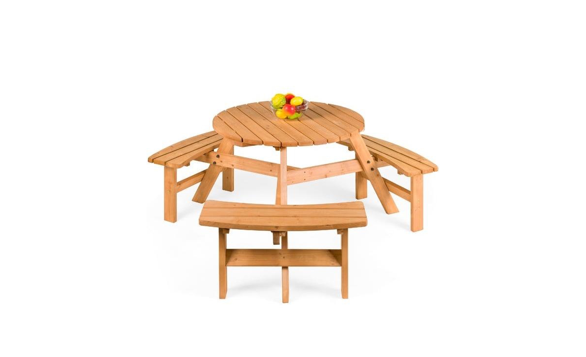 Slickblue Round Wooden Picnic Table Set with Benches and Umbrella Hole for 6 People